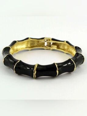 Pink Pineapple Black Enamel and Gold Bamboo-Style Hinged Bangle Bracelet